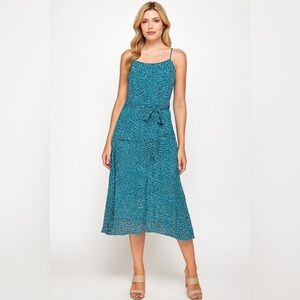 Nine West 100% Silk Blue Print Midi Dress 8 Elegant Fit Flowy Summer Dress